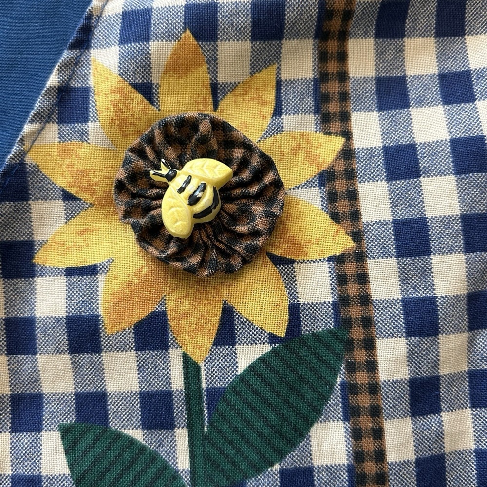 Handmade Blue Gingham Sunflower Appliqué Novelty Button Vest Cottagecore OS - Picture 9 of 15
